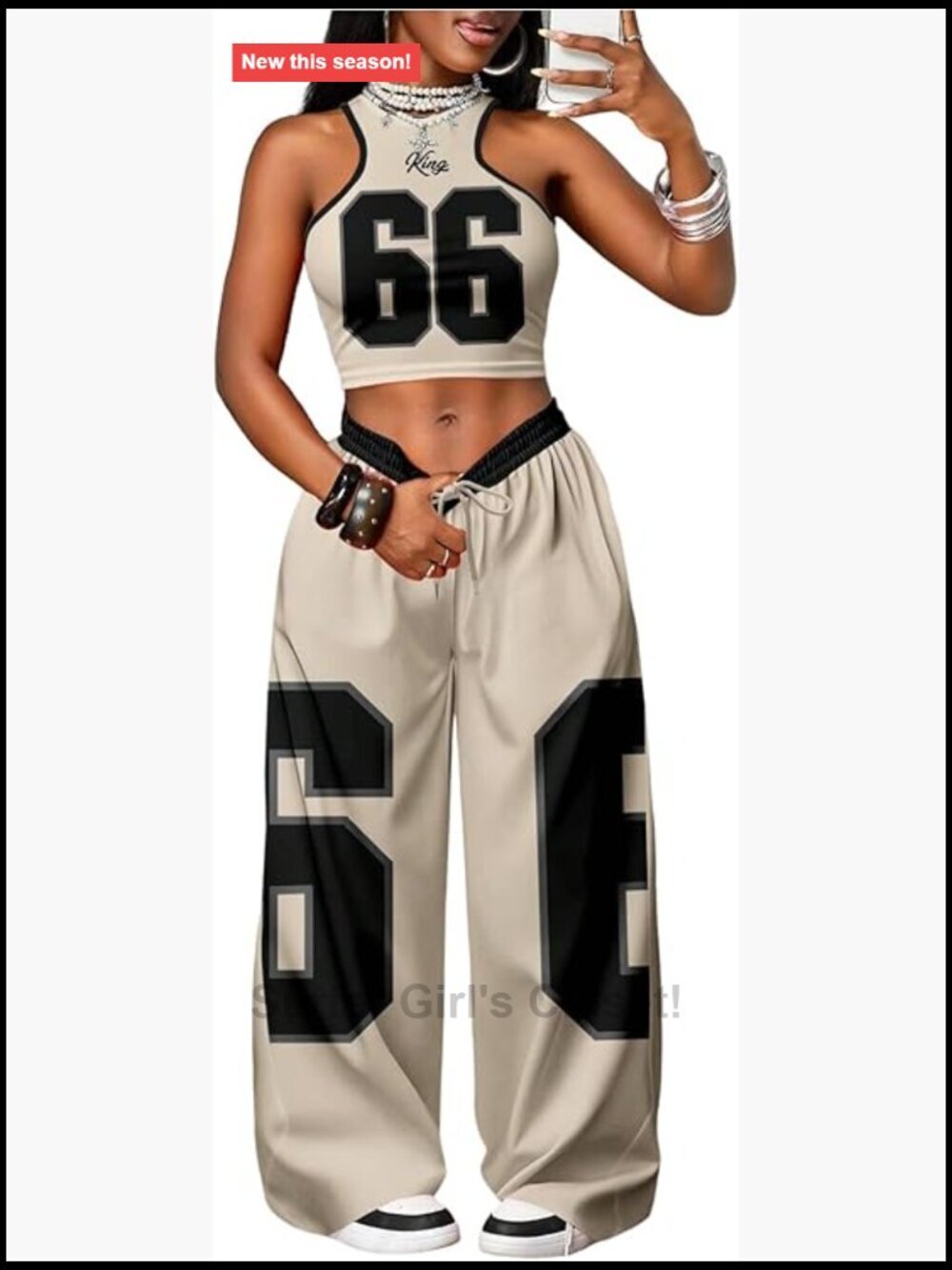 2 Piece Jersey Outfit Number Print Crop Tank Top and Baggy Pants Set